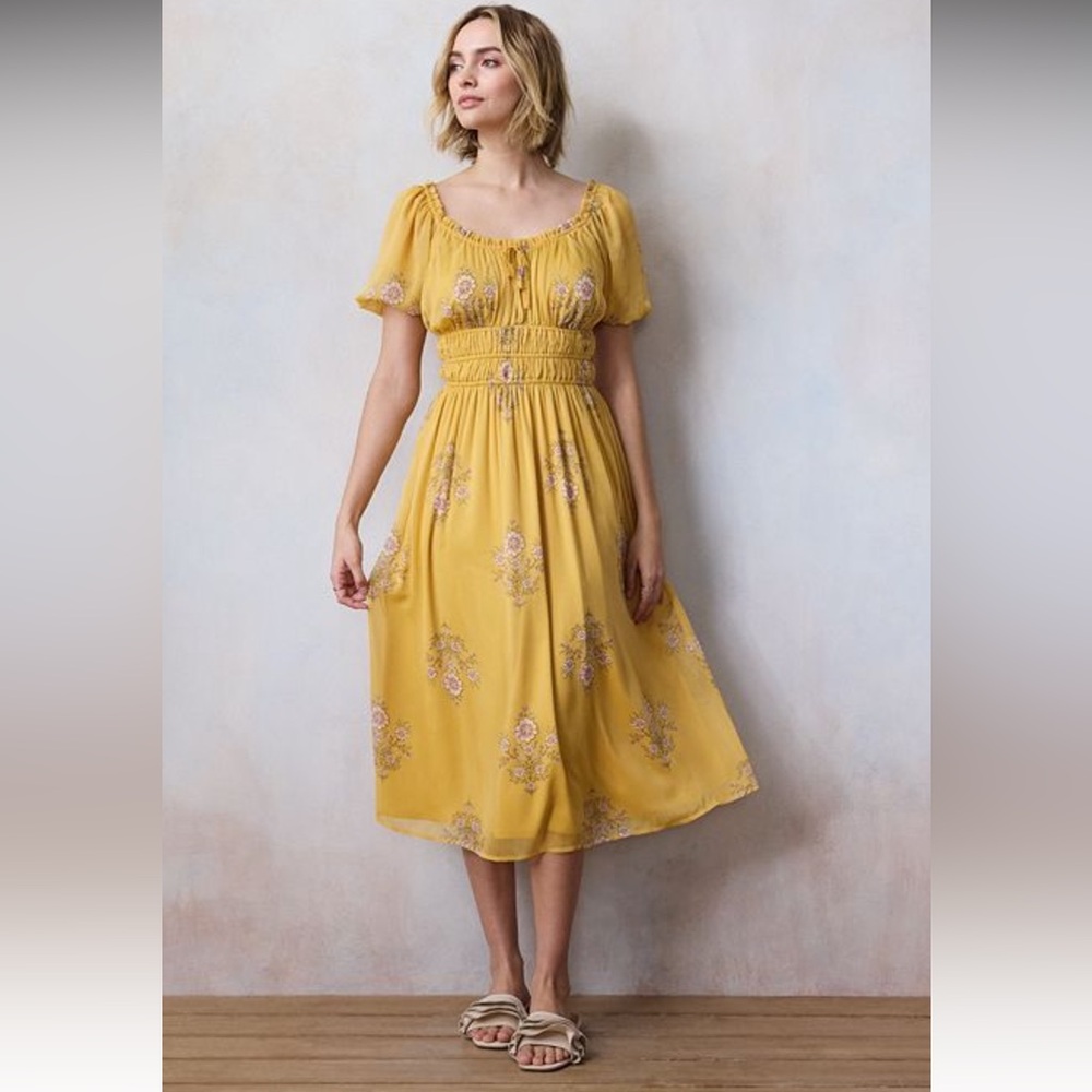 LC Lauren Conrad Mustard Yellow Floral Midi Dress